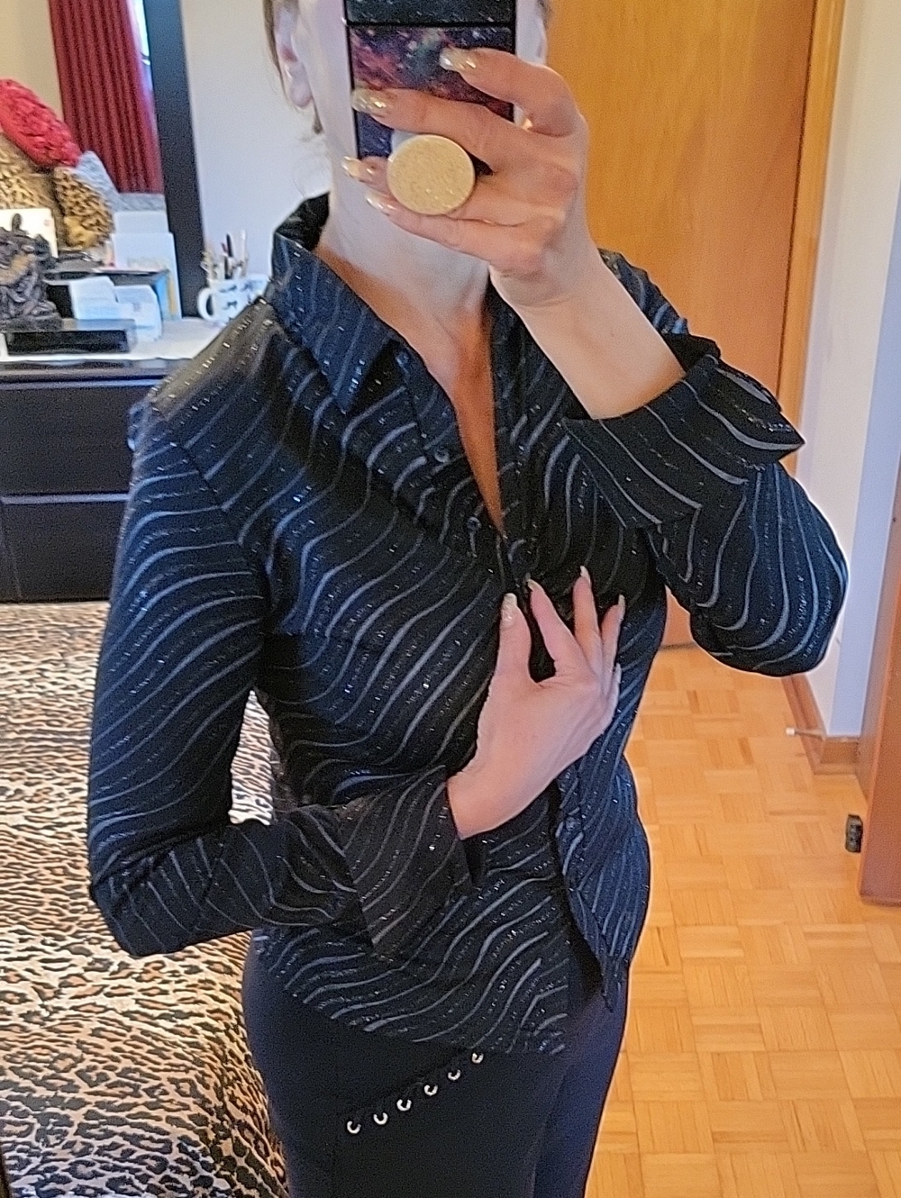 NEW! Women's Black Metallic Stripe Button-Front Blouse, Stretch, M